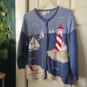 Vintage CJ Banks Grandmacore Cottagecore Embroidered Coastal Cardigan Blue 3X